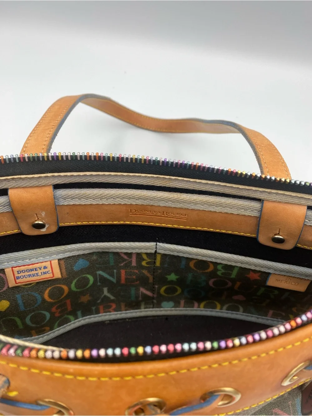 Dooney & Bourke Multicolor Logo Shoulder Bag with Tan Leather